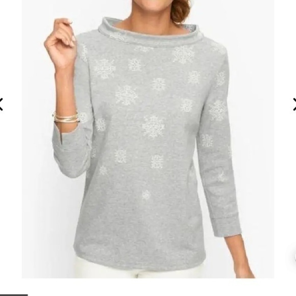 Talbots Funnel Neck Top Snow Jacquard Sweater MP Gray/White